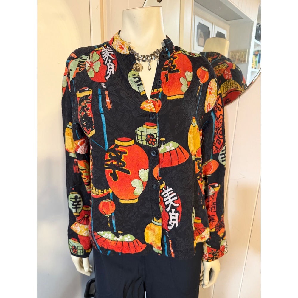 Chicos 100% Silk Asian Lantern Print Jacquard Blouse Black Red Orange Size 1 M